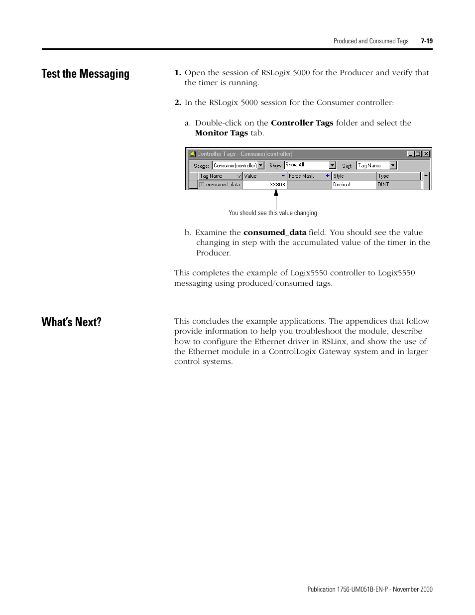 Test the messaging, What’s next, Test the messaging -19 what’s next? -19 | Rockwell Automation 1756-ENET/B ControlLogix Ethernet Communication Interface Module User Manual User Manual | Page 95 / 122