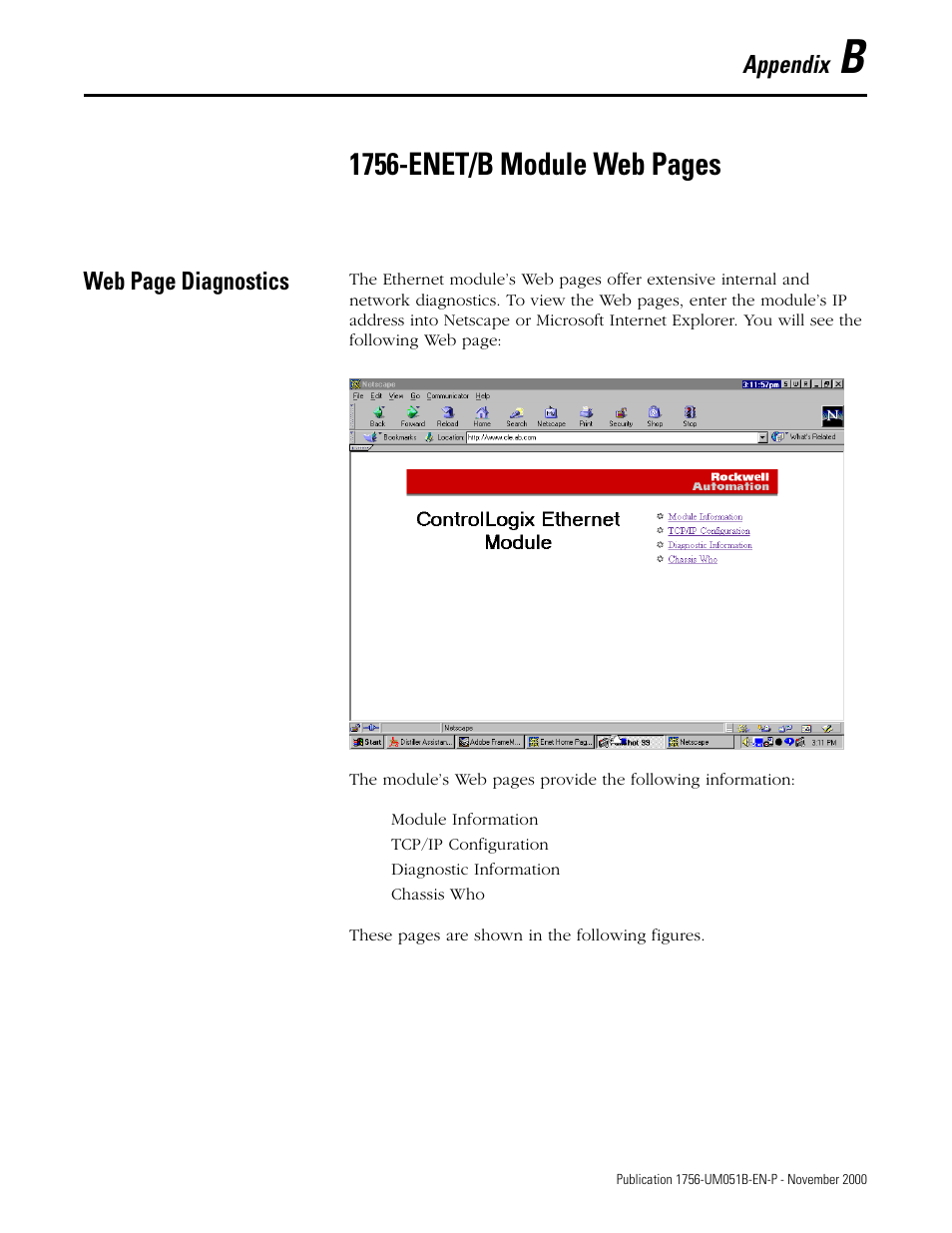 Appendix b, 1756-enet/b module web pages, Appendix | Web page diagnostics | Rockwell Automation 1756-ENET/B ControlLogix Ethernet Communication Interface Module User Manual User Manual | Page 99 / 122