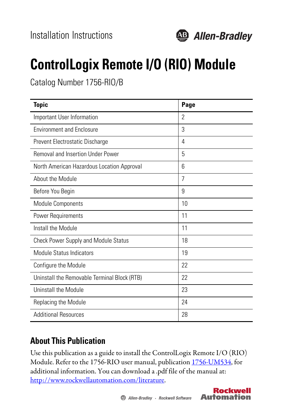 Rockwell Automation 1756-RIO ControlLogix Remote I/O (RIO) Communication Interface Module Installation Instr User Manual | 28 pages