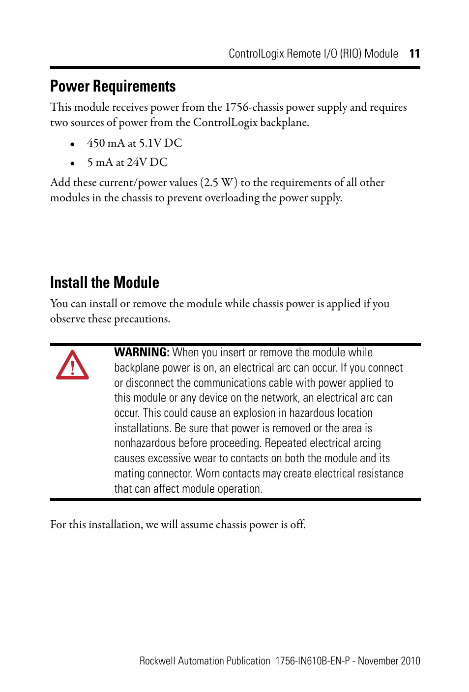 Power requirements, Install the module | Rockwell Automation 1756-RIO ControlLogix Remote I/O (RIO) Communication Interface Module Installation Instr User Manual | Page 11 / 28