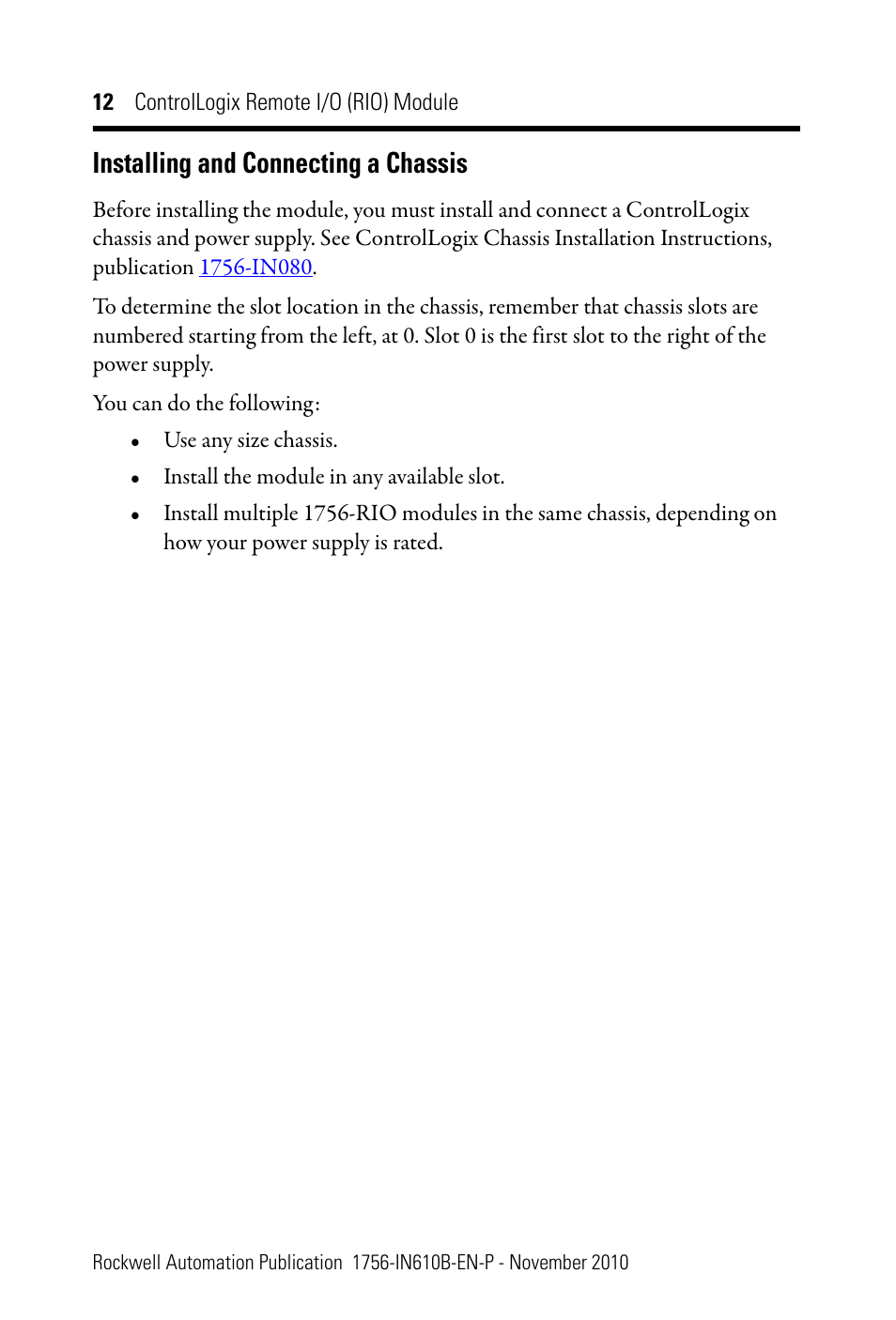 Installing and connecting a chassis | Rockwell Automation 1756-RIO ControlLogix Remote I/O (RIO) Communication Interface Module Installation Instr User Manual | Page 12 / 28