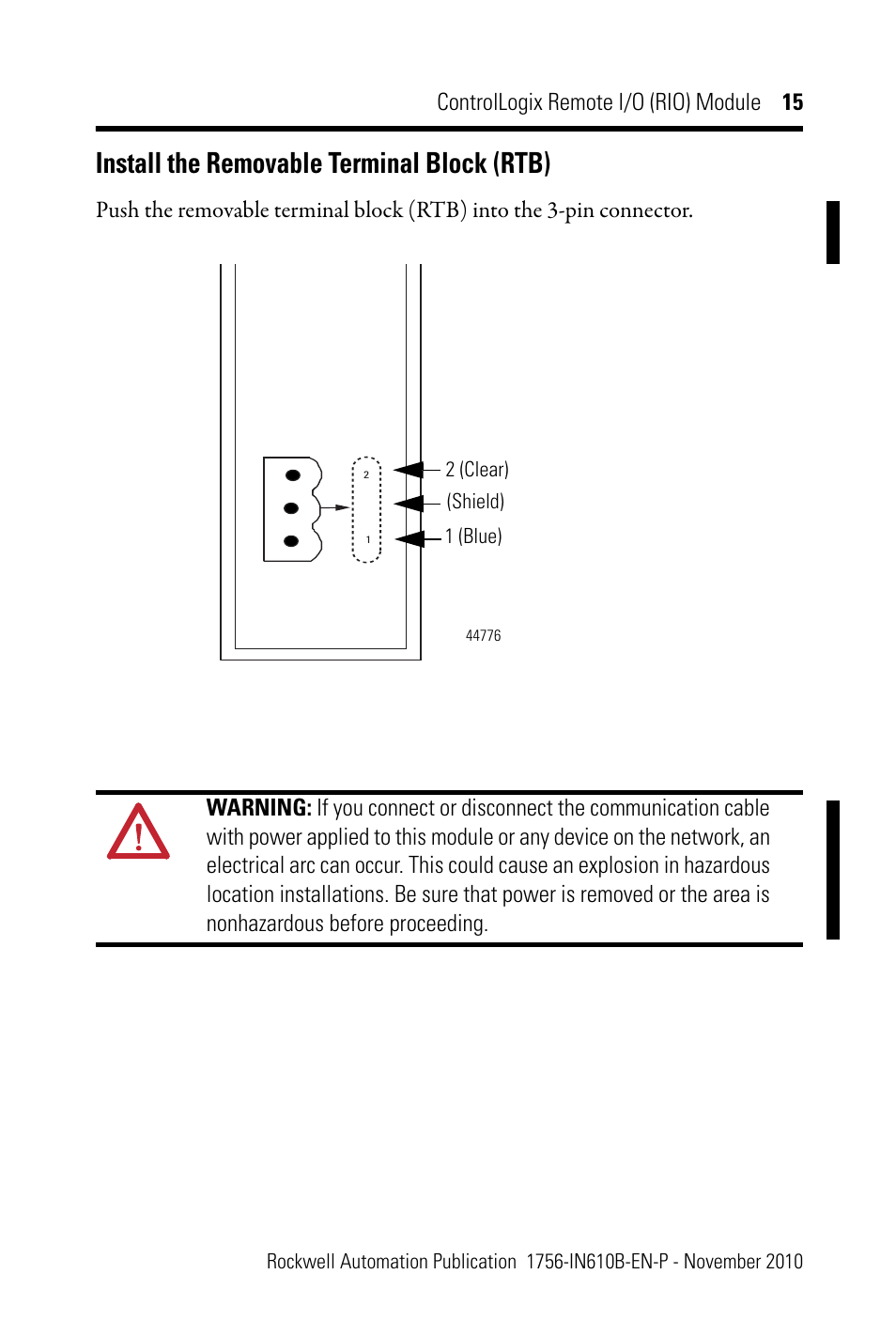 Install the removable terminal block (rtb), Controllogix remote i/o (rio) module 15 | Rockwell Automation 1756-RIO ControlLogix Remote I/O (RIO) Communication Interface Module Installation Instr User Manual | Page 15 / 28