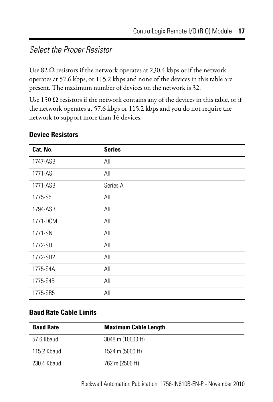 Select the proper resistor | Rockwell Automation 1756-RIO ControlLogix Remote I/O (RIO) Communication Interface Module Installation Instr User Manual | Page 17 / 28