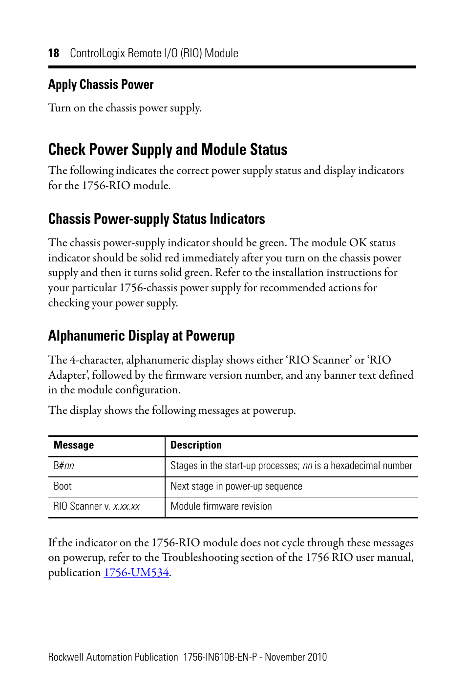 Check power supply and module status, Chassis power-supply status indicators, Alphanumeric display at powerup | Rockwell Automation 1756-RIO ControlLogix Remote I/O (RIO) Communication Interface Module Installation Instr User Manual | Page 18 / 28