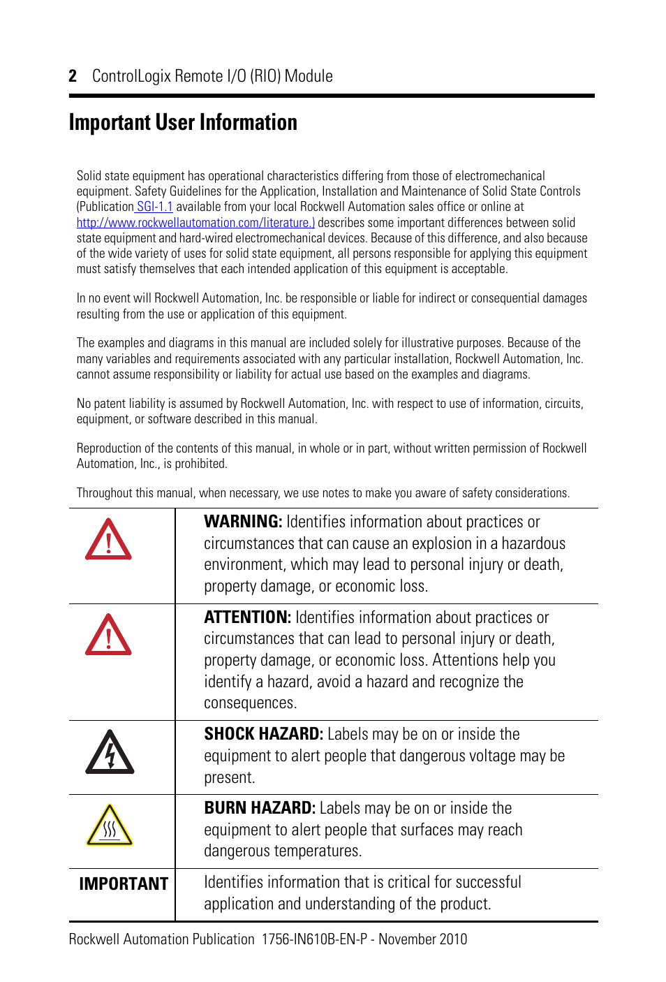 Important user information | Rockwell Automation 1756-RIO ControlLogix Remote I/O (RIO) Communication Interface Module Installation Instr User Manual | Page 2 / 28