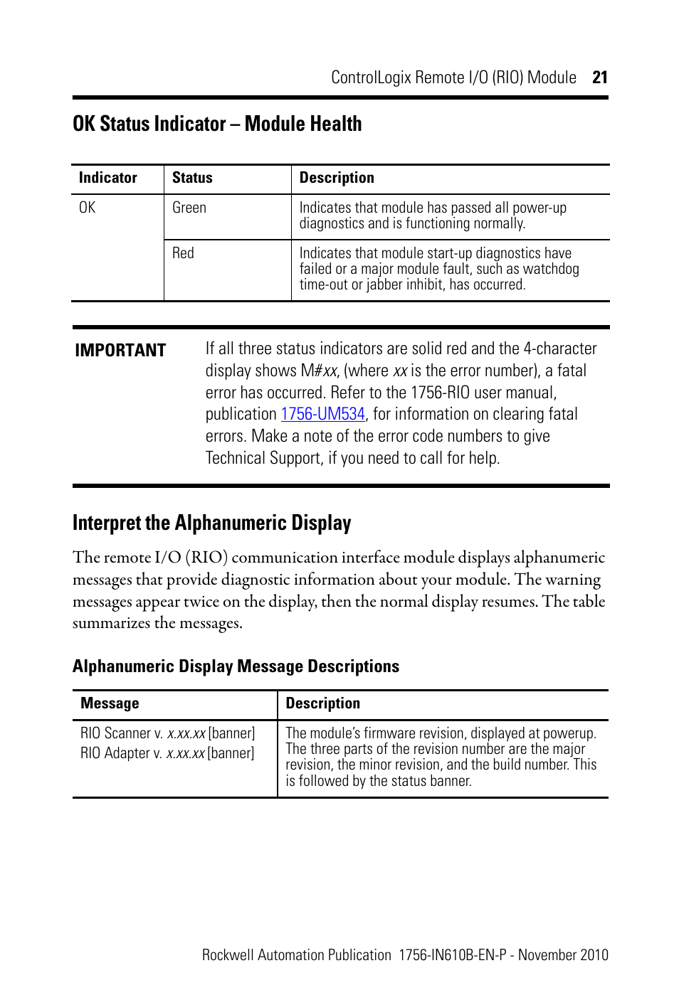 Ok status indicator – module health, Interpret the alphanumeric display | Rockwell Automation 1756-RIO ControlLogix Remote I/O (RIO) Communication Interface Module Installation Instr User Manual | Page 21 / 28