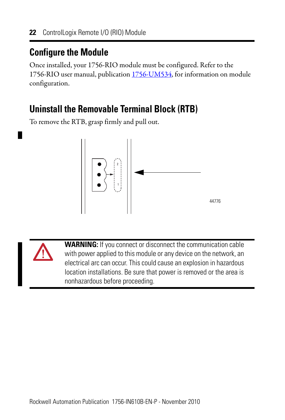 Configure the module, Uninstall the removable terminal block (rtb) | Rockwell Automation 1756-RIO ControlLogix Remote I/O (RIO) Communication Interface Module Installation Instr User Manual | Page 22 / 28