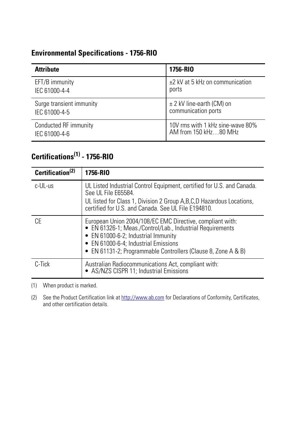 Certifications, 1756-rio, Environmental specifications - 1756-rio | Rockwell Automation 1756-RIO ControlLogix Remote I/O (RIO) Communication Interface Module Installation Instr User Manual | Page 27 / 28