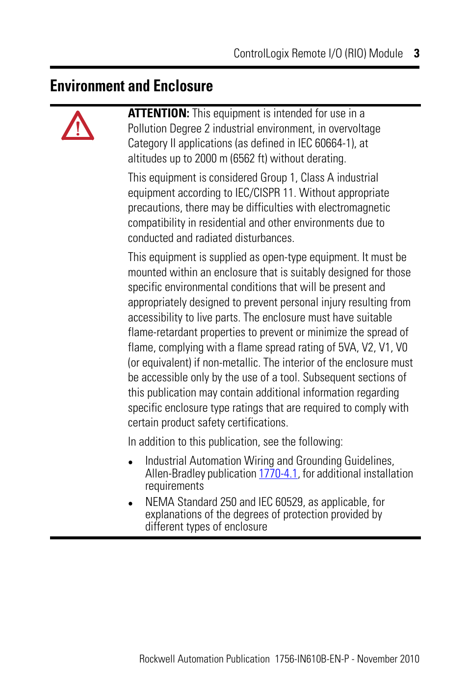 Environment and enclosure | Rockwell Automation 1756-RIO ControlLogix Remote I/O (RIO) Communication Interface Module Installation Instr User Manual | Page 3 / 28