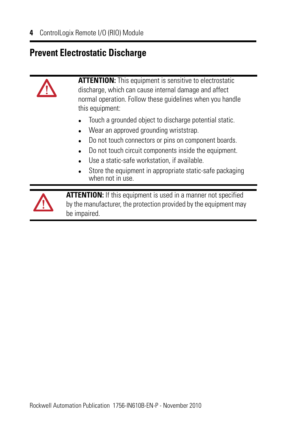 Prevent electrostatic discharge | Rockwell Automation 1756-RIO ControlLogix Remote I/O (RIO) Communication Interface Module Installation Instr User Manual | Page 4 / 28