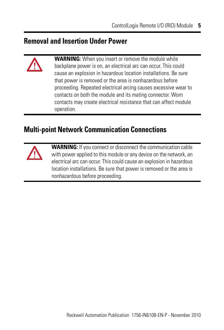 Removal and insertion under power, Multi-point network communication connections | Rockwell Automation 1756-RIO ControlLogix Remote I/O (RIO) Communication Interface Module Installation Instr User Manual | Page 5 / 28