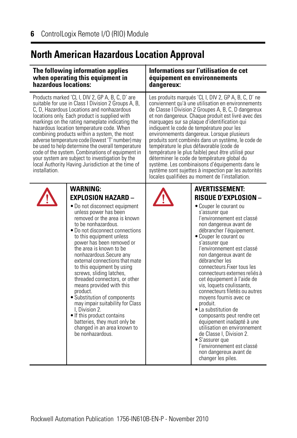 North american hazardous location approval, 6 controllogix remote i/o (rio) module | Rockwell Automation 1756-RIO ControlLogix Remote I/O (RIO) Communication Interface Module Installation Instr User Manual | Page 6 / 28