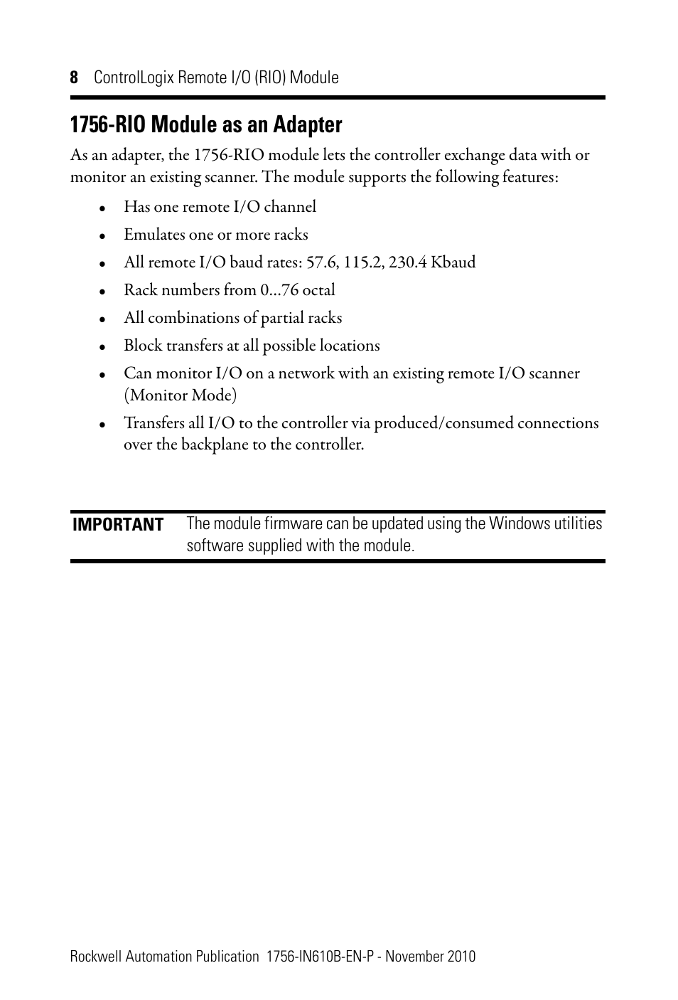 1756-rio module as an adapter | Rockwell Automation 1756-RIO ControlLogix Remote I/O (RIO) Communication Interface Module Installation Instr User Manual | Page 8 / 28