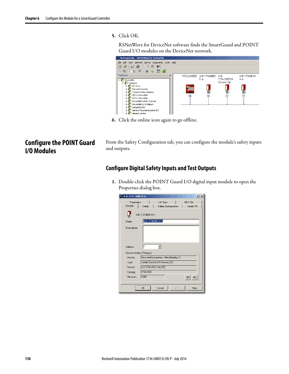 Configure the point guard i/o modules, Configure digital safety inputs and test outputs | Rockwell Automation 1734-IE4S POINT Guard I/O Safety Modules User Manual User Manual | Page 110 / 212