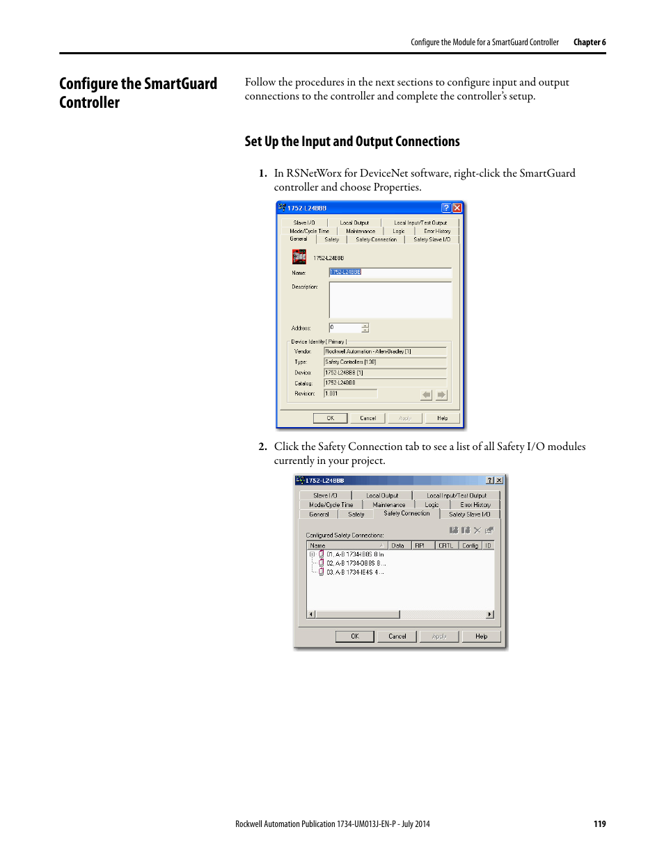 Configure the smartguard controller, Set up the input and output connections | Rockwell Automation 1734-IE4S POINT Guard I/O Safety Modules User Manual User Manual | Page 119 / 212