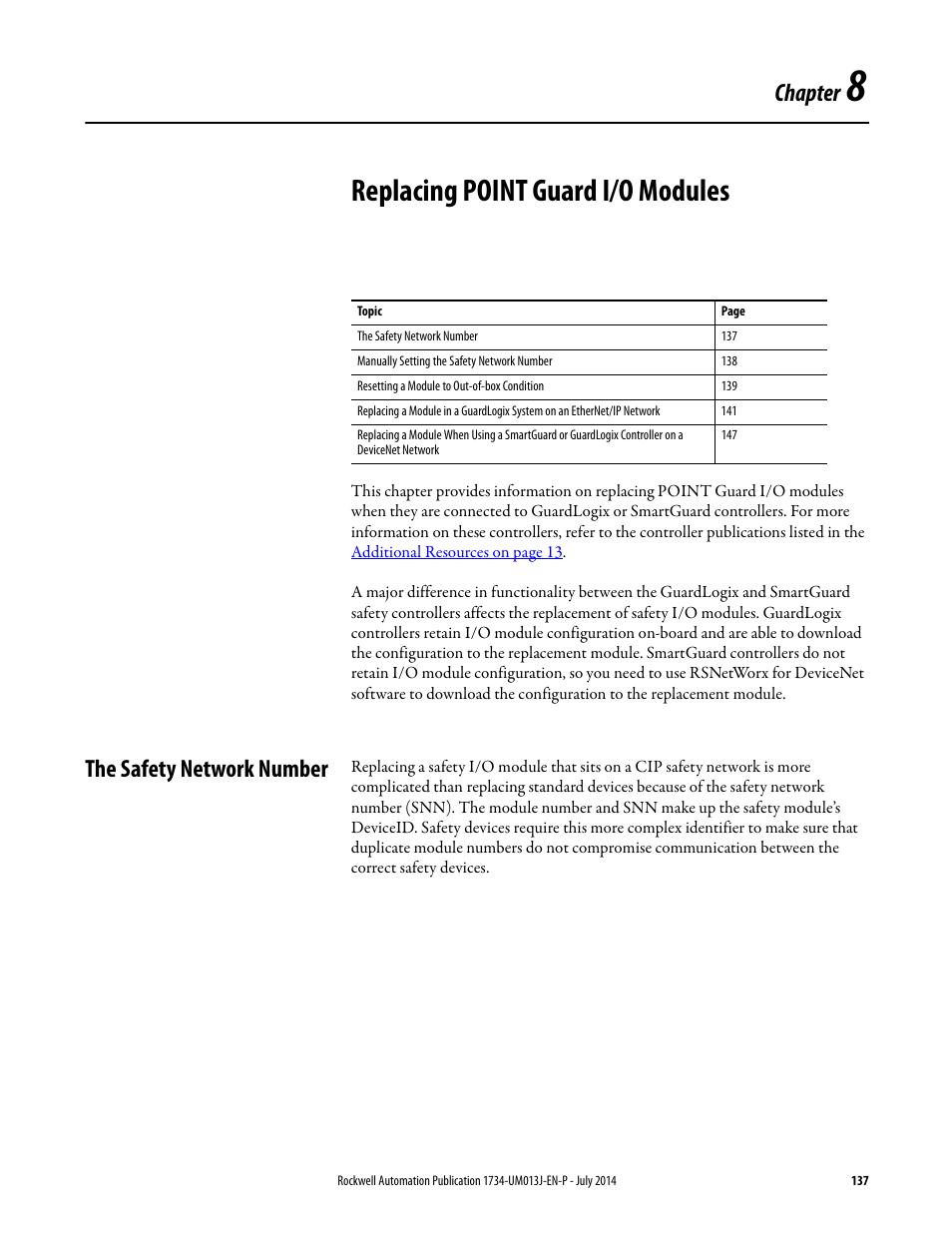8 - replacing point guard i/o modules, The safety network number, Chapter 8 | Replacing point guard i/o modules, Chapter | Rockwell Automation 1734-IE4S POINT Guard I/O Safety Modules User Manual User Manual | Page 137 / 212