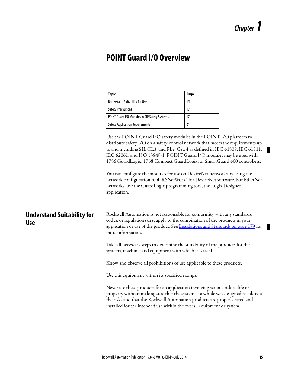 1 - point guard i/o overview, Understand suitability for use, Chapter 1 | Point guard i/o overview, Chapter | Rockwell Automation 1734-IE4S POINT Guard I/O Safety Modules User Manual User Manual | Page 15 / 212