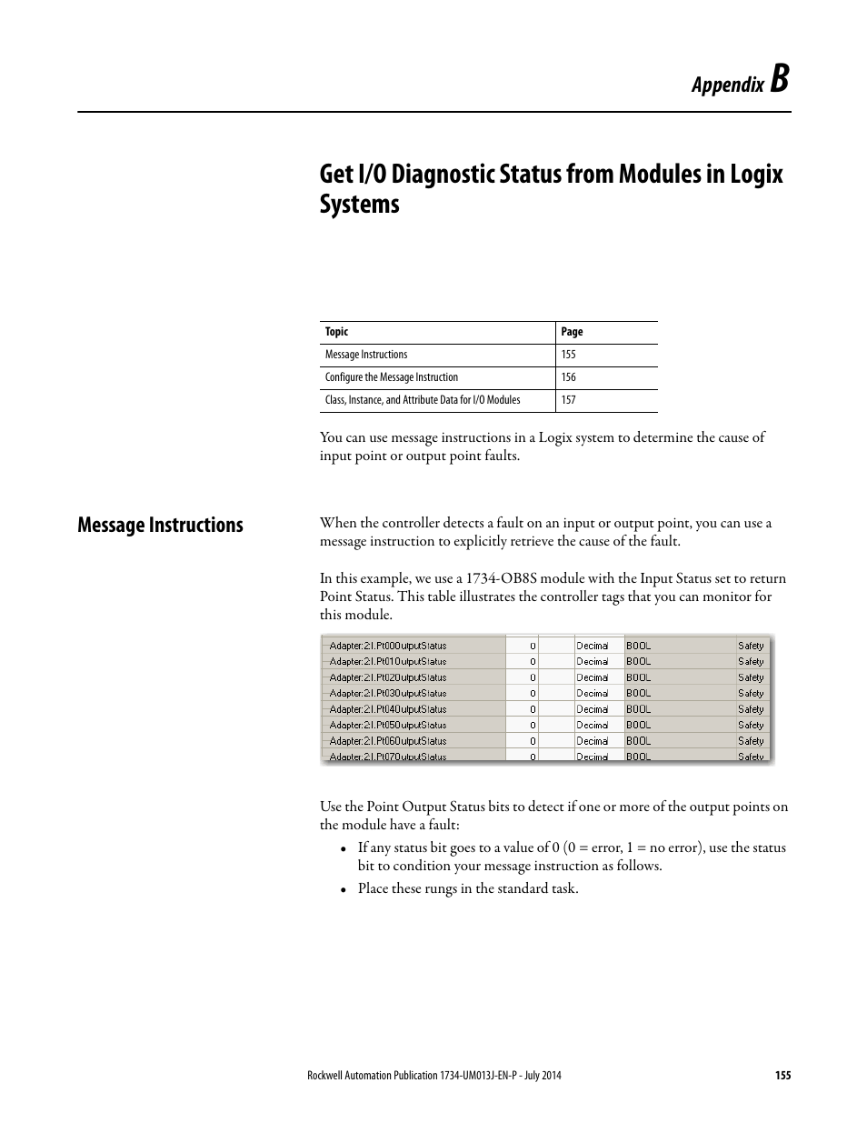 Message instructions, Appendix b, Appendix | Rockwell Automation 1734-IE4S POINT Guard I/O Safety Modules User Manual User Manual | Page 155 / 212