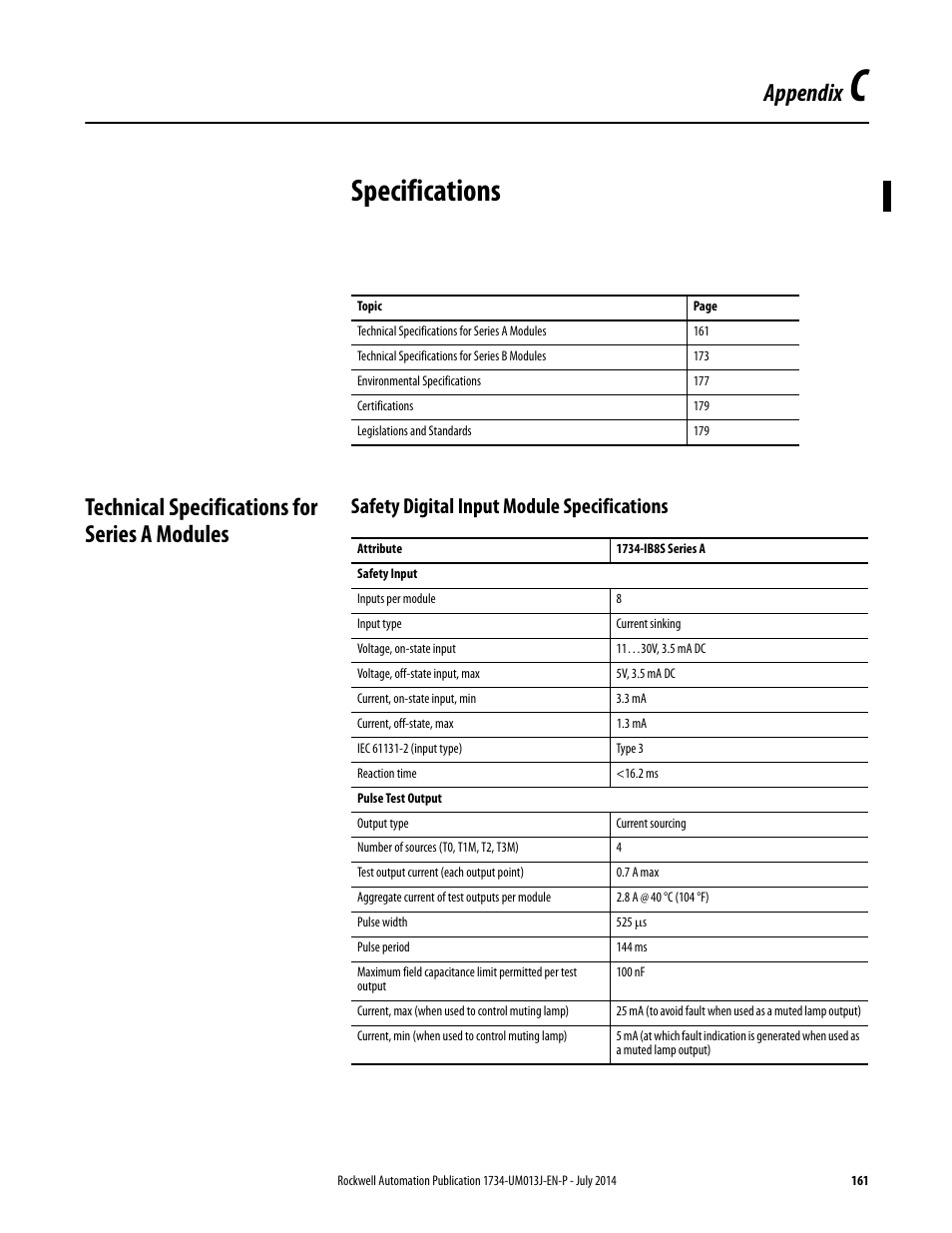 C - specifications, Technical specifications for series a modules, Safety digital input module specifications | Appendix c, Specifications, Appendix, And pr | Rockwell Automation 1734-IE4S POINT Guard I/O Safety Modules User Manual User Manual | Page 161 / 212