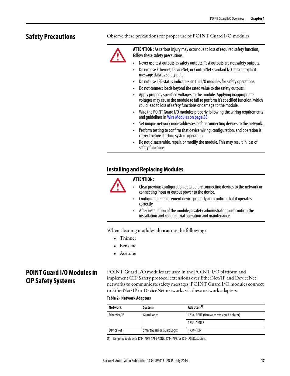 Safety precautions, Installing and replacing modules, Point guard i/o modules in cip safety systems | Safety precautions on | Rockwell Automation 1734-IE4S POINT Guard I/O Safety Modules User Manual User Manual | Page 17 / 212