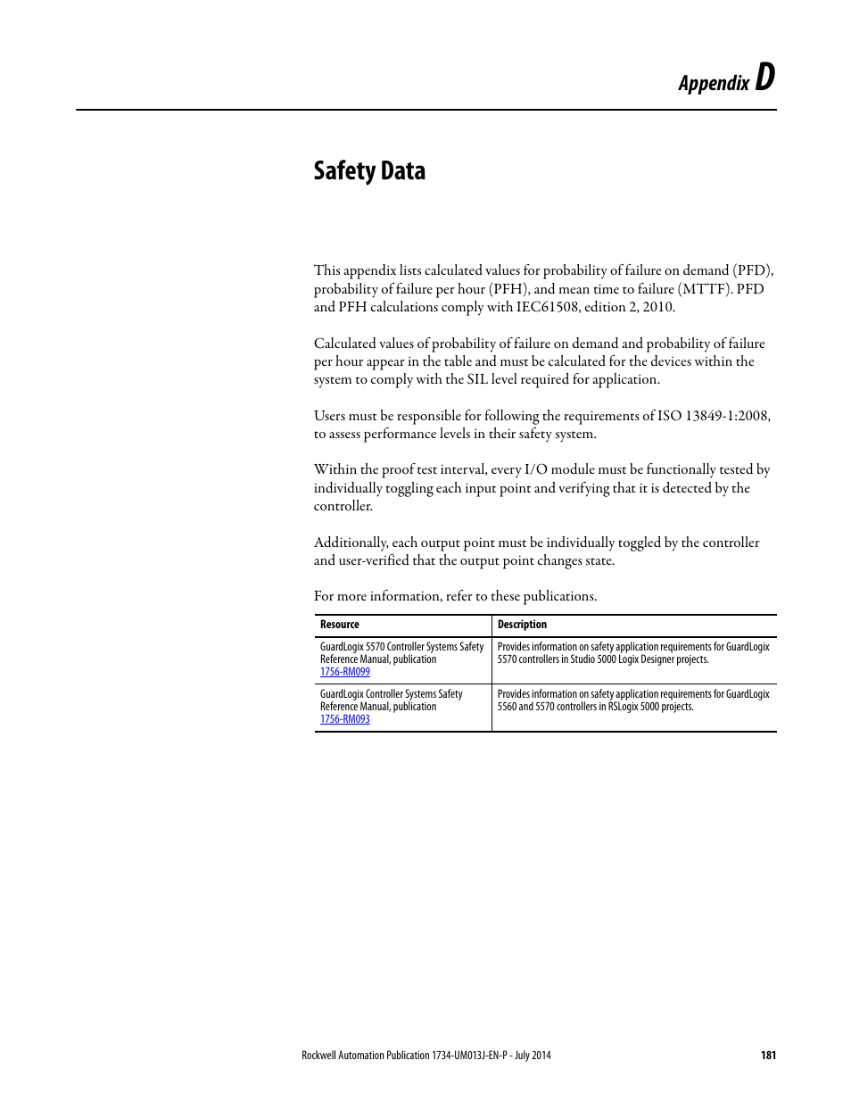 D - safety data, Appendix d, Safety data | Appendix | Rockwell Automation 1734-IE4S POINT Guard I/O Safety Modules User Manual User Manual | Page 181 / 212