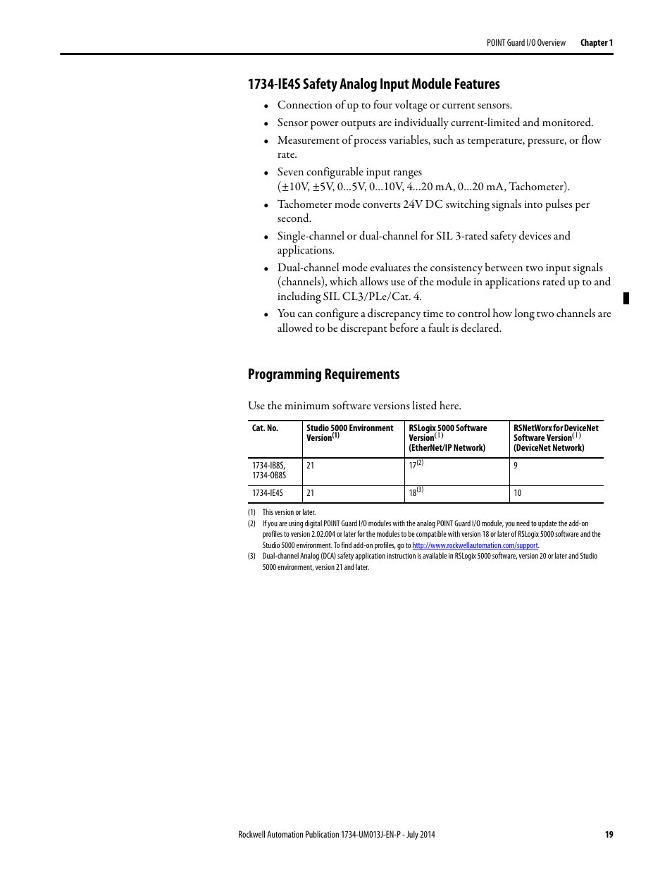 1734-ie4s safety analog input module features, Programming requirements | Rockwell Automation 1734-IE4S POINT Guard I/O Safety Modules User Manual User Manual | Page 19 / 212