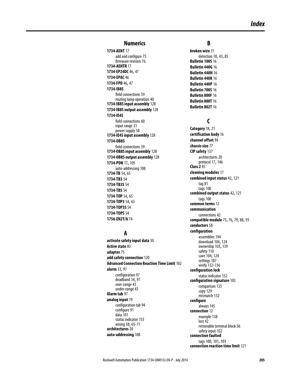 Index, Numerics | Rockwell Automation 1734-IE4S POINT Guard I/O Safety Modules User Manual User Manual | Page 205 / 212