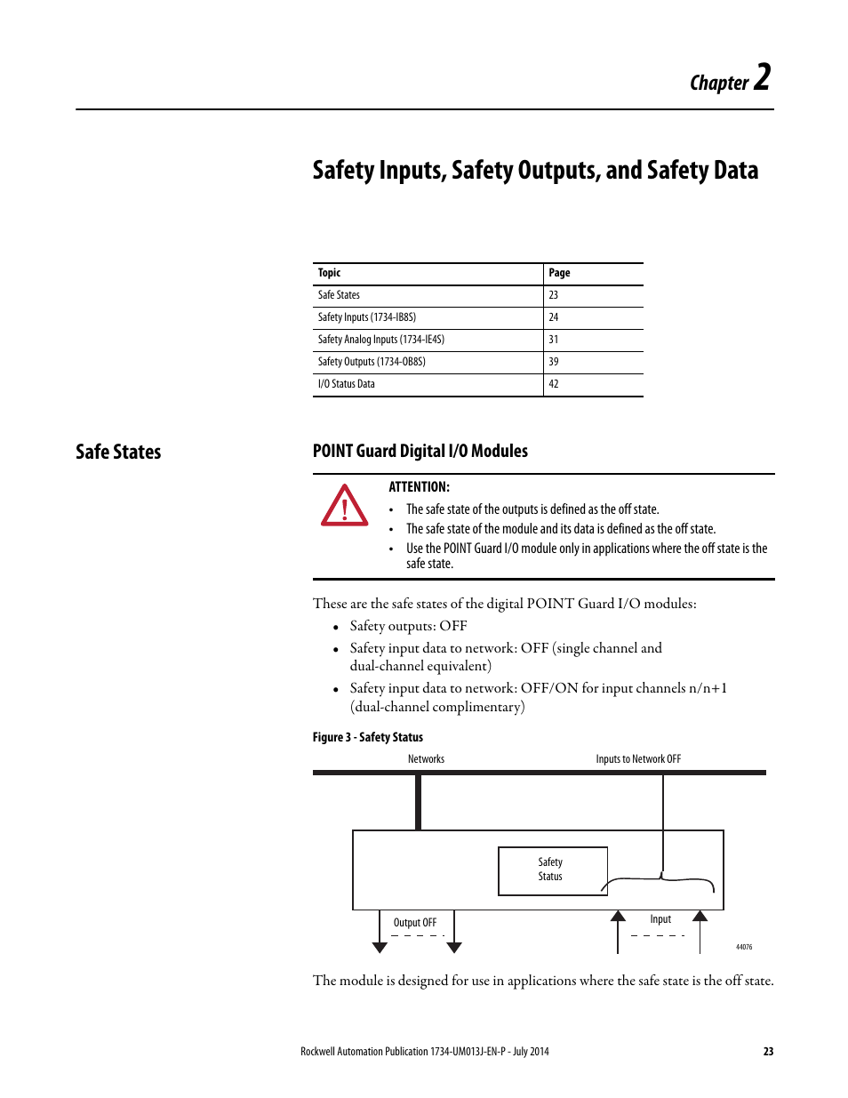 2 - safety inputs, safety outputs, and safety data, Safe states, Point guard digital i/o modules | Chapter 2, Safety inputs, safety outputs, and safety data, Chapter | Rockwell Automation 1734-IE4S POINT Guard I/O Safety Modules User Manual User Manual | Page 23 / 212