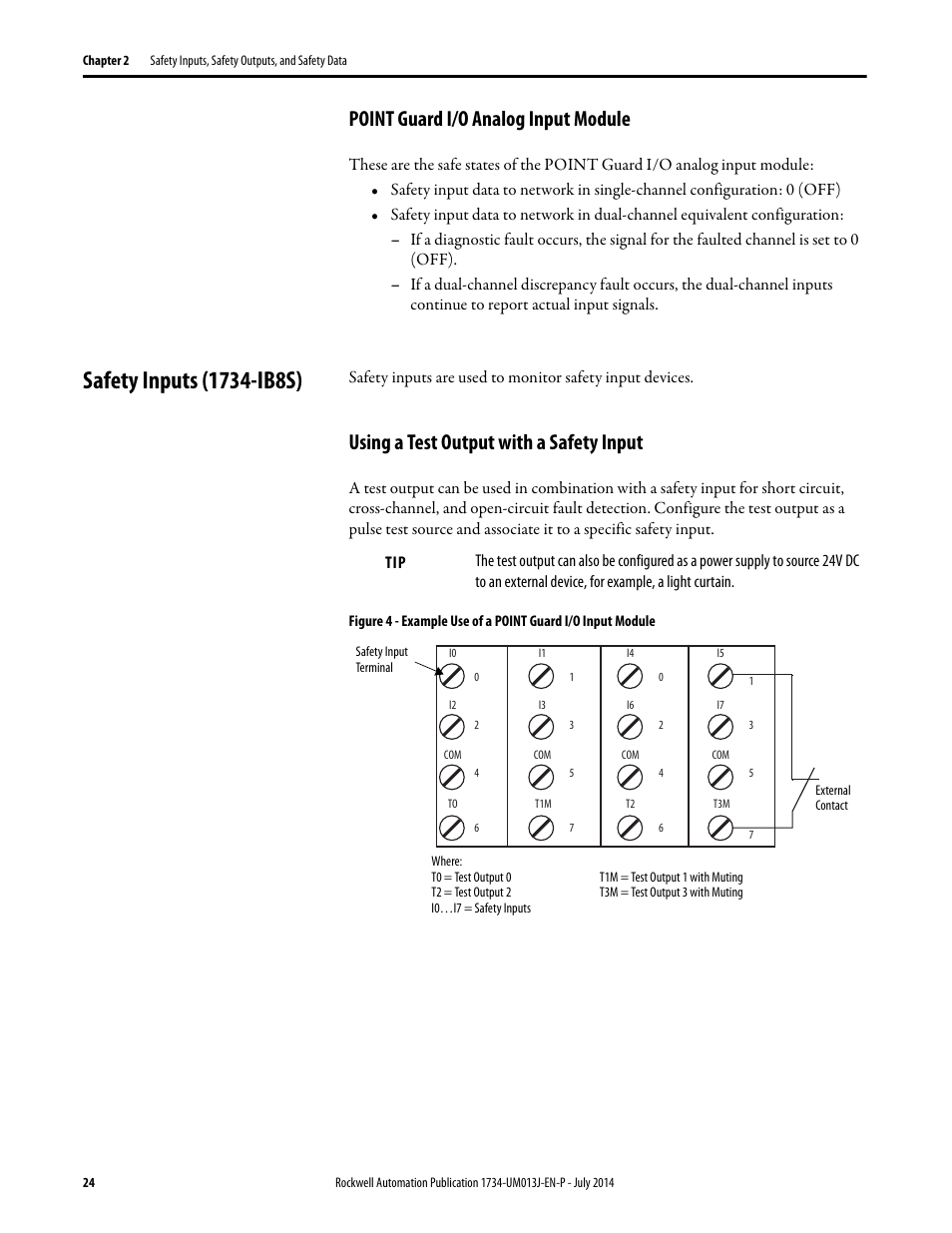 Point guard i/o analog input module, Safety inputs (1734-ib8s), Using a test output with a safety input | Rockwell Automation 1734-IE4S POINT Guard I/O Safety Modules User Manual User Manual | Page 24 / 212