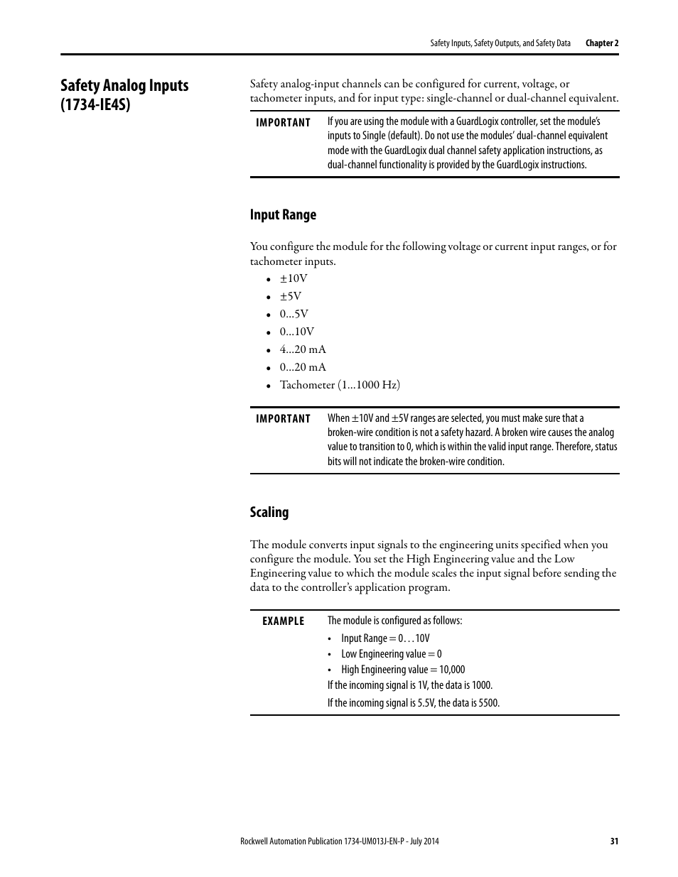 Safety analog inputs (1734-ie4s), Input range, Scaling | Input range scaling | Rockwell Automation 1734-IE4S POINT Guard I/O Safety Modules User Manual User Manual | Page 31 / 212