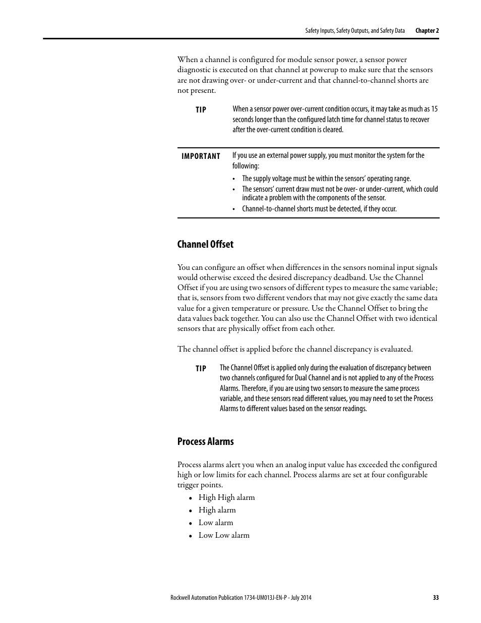 Channel offset, Process alarms, Channel offset process alarms | Rockwell Automation 1734-IE4S POINT Guard I/O Safety Modules User Manual User Manual | Page 33 / 212