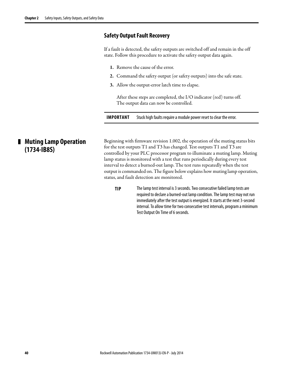 Safety output fault recovery, Muting lamp operation (1734-ib8s) | Rockwell Automation 1734-IE4S POINT Guard I/O Safety Modules User Manual User Manual | Page 40 / 212