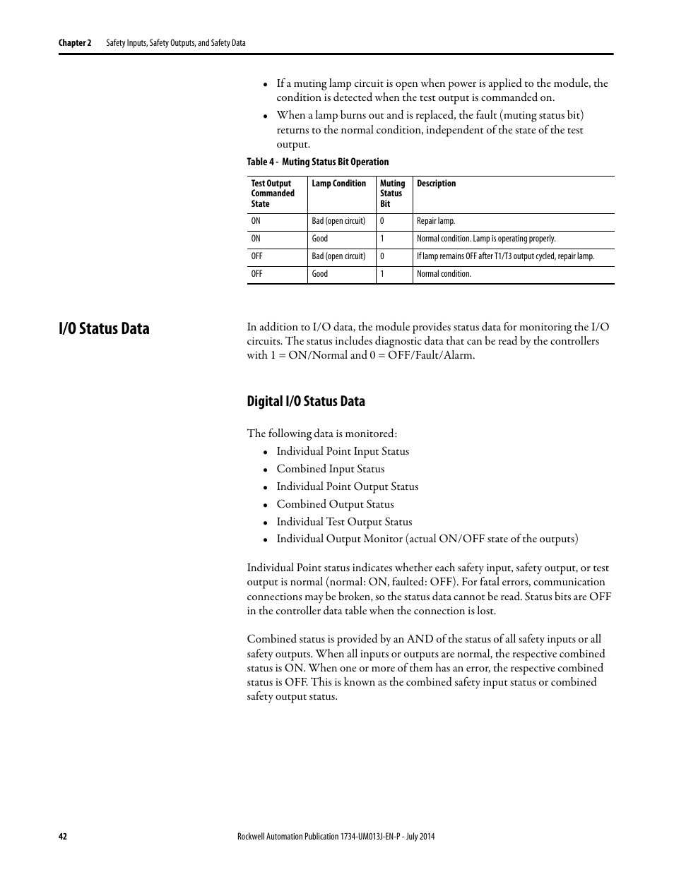 I/o status data, Digital i/o status data | Rockwell Automation 1734-IE4S POINT Guard I/O Safety Modules User Manual User Manual | Page 42 / 212