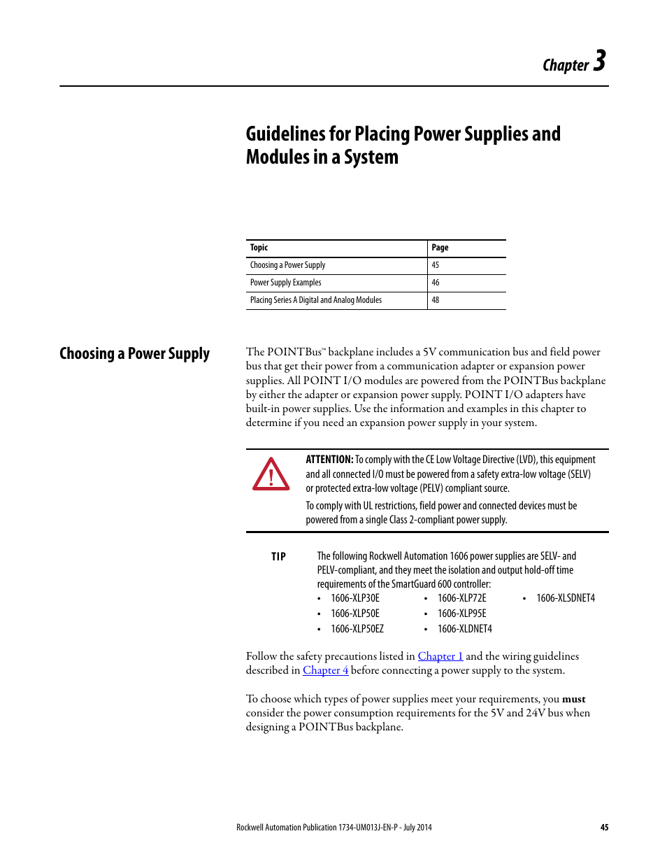 Choosing a power supply, Chapter 3, Chapter | Rockwell Automation 1734-IE4S POINT Guard I/O Safety Modules User Manual User Manual | Page 45 / 212