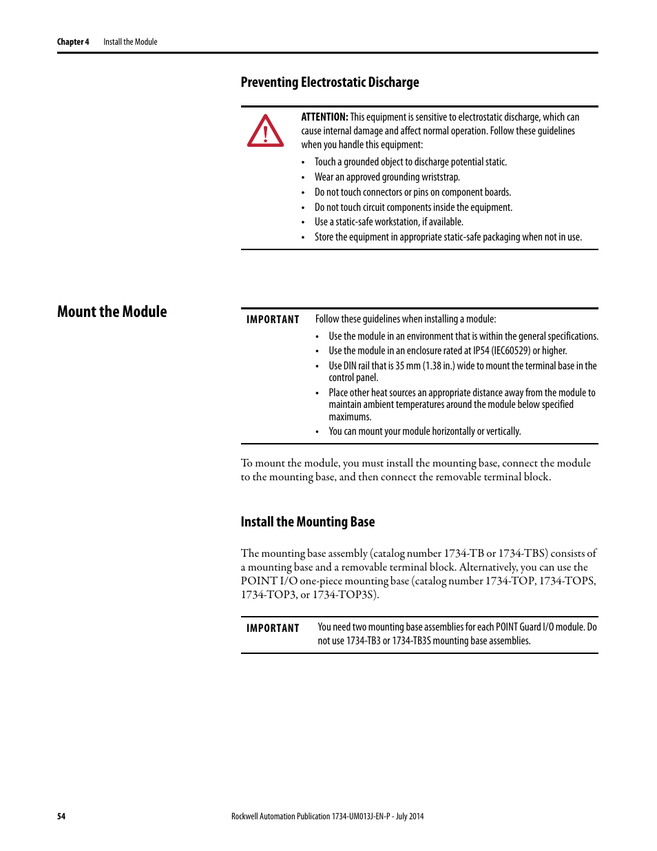 Preventing electrostatic discharge, Mount the module, Install the mounting base | Rockwell Automation 1734-IE4S POINT Guard I/O Safety Modules User Manual User Manual | Page 54 / 212