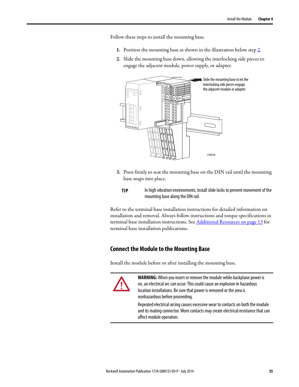 Connect the module to the mounting base | Rockwell Automation 1734-IE4S POINT Guard I/O Safety Modules User Manual User Manual | Page 55 / 212