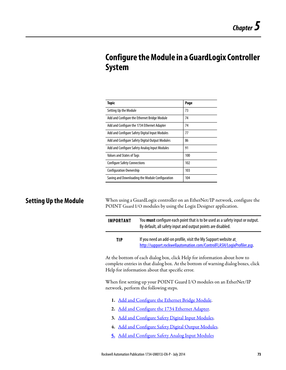 Setting up the module, Chapter 5, Chapter | Rockwell Automation 1734-IE4S POINT Guard I/O Safety Modules User Manual User Manual | Page 73 / 212