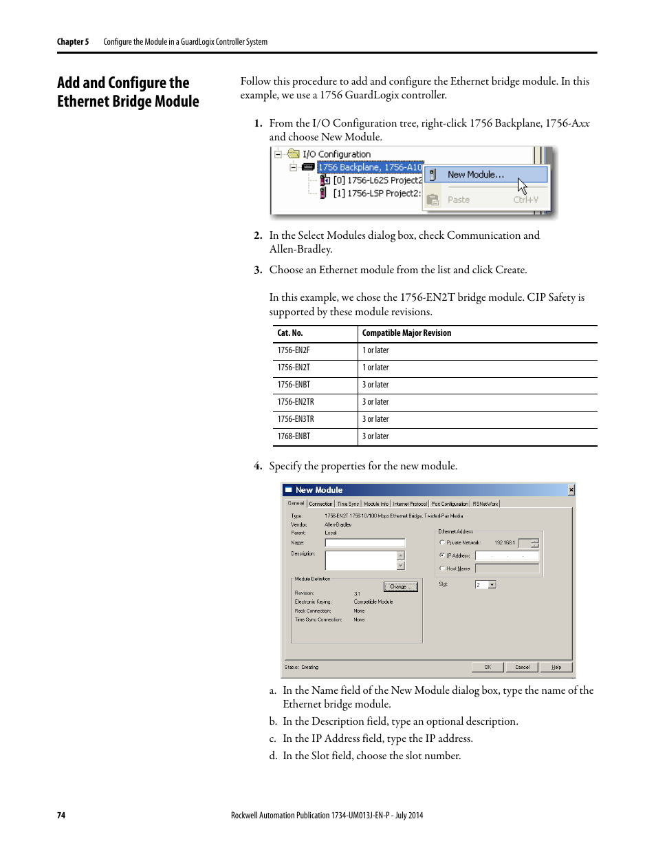 Add and configure the ethernet bridge module | Rockwell Automation 1734-IE4S POINT Guard I/O Safety Modules User Manual User Manual | Page 74 / 212