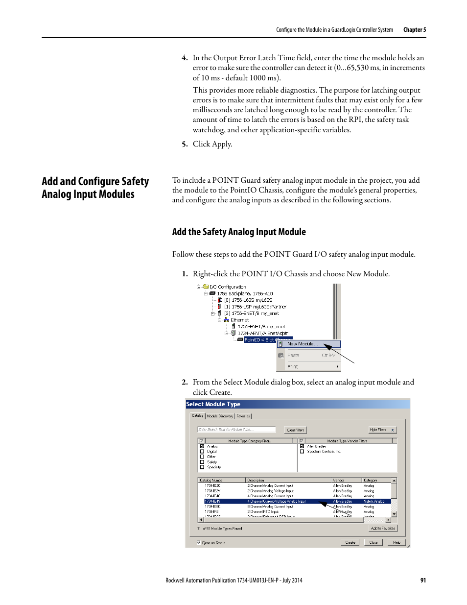 Add and configure safety analog input modules, Add the safety analog input module | Rockwell Automation 1734-IE4S POINT Guard I/O Safety Modules User Manual User Manual | Page 91 / 212