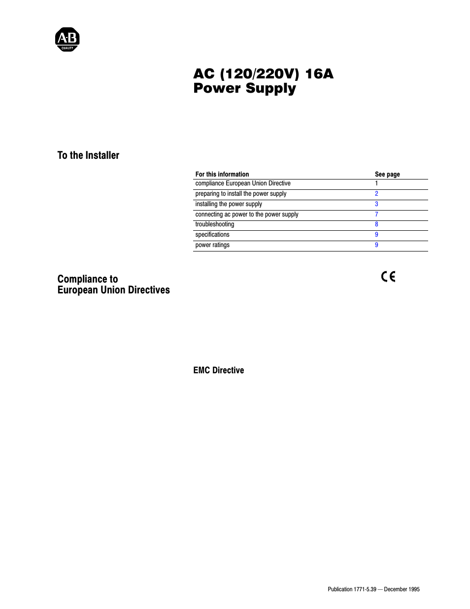 Rockwell Automation 1771-P7 AC(120/220V) 16A Installation Instructions User Manual | 10 pages