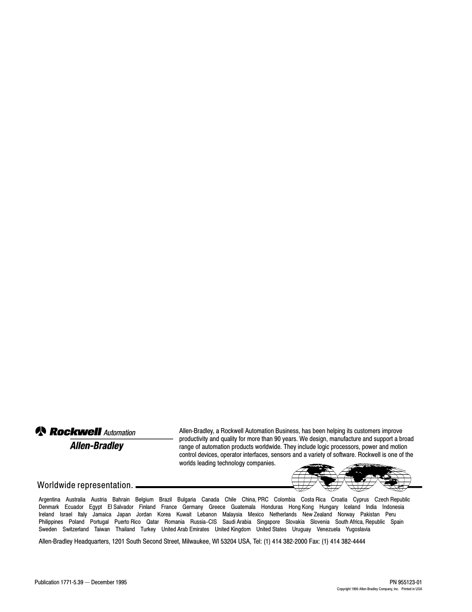 Back cover, Worldwide representation | Rockwell Automation 1771-P7 AC(120/220V) 16A Installation Instructions User Manual | Page 10 / 10