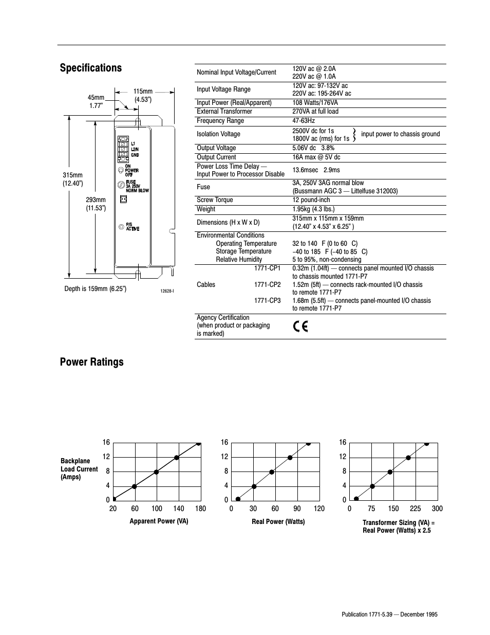 Specifications, Power ratings, Specifications power ratings | Rockwell Automation 1771-P7 AC(120/220V) 16A Installation Instructions User Manual | Page 9 / 10