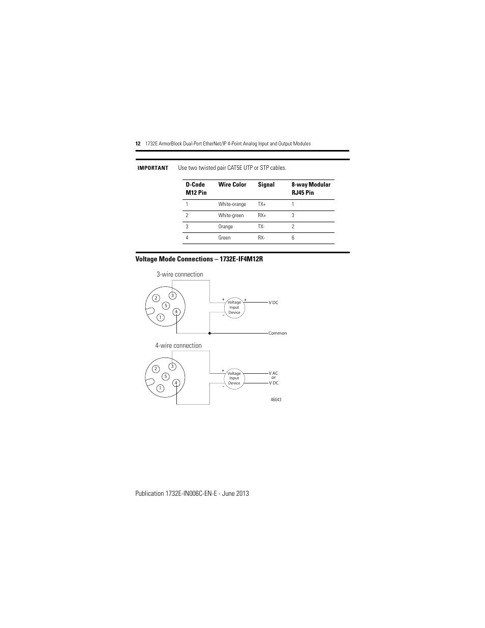 Wire connection 4-wire connection | Rockwell Automation 1732E-OF4M12R ArmorBlock Dual-Port EtherNet/IP 4-Point Analog Input and Output User Manual | Page 12 / 24