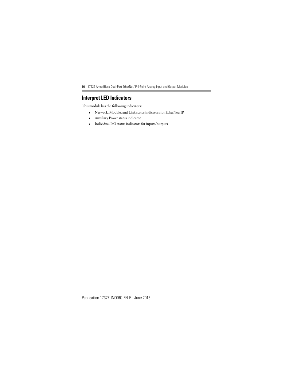 Interpret led indicators | Rockwell Automation 1732E-OF4M12R ArmorBlock Dual-Port EtherNet/IP 4-Point Analog Input and Output User Manual | Page 16 / 24