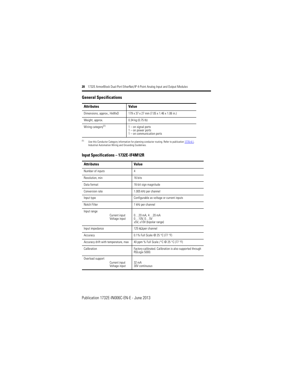 General specifications | Rockwell Automation 1732E-OF4M12R ArmorBlock Dual-Port EtherNet/IP 4-Point Analog Input and Output User Manual | Page 20 / 24