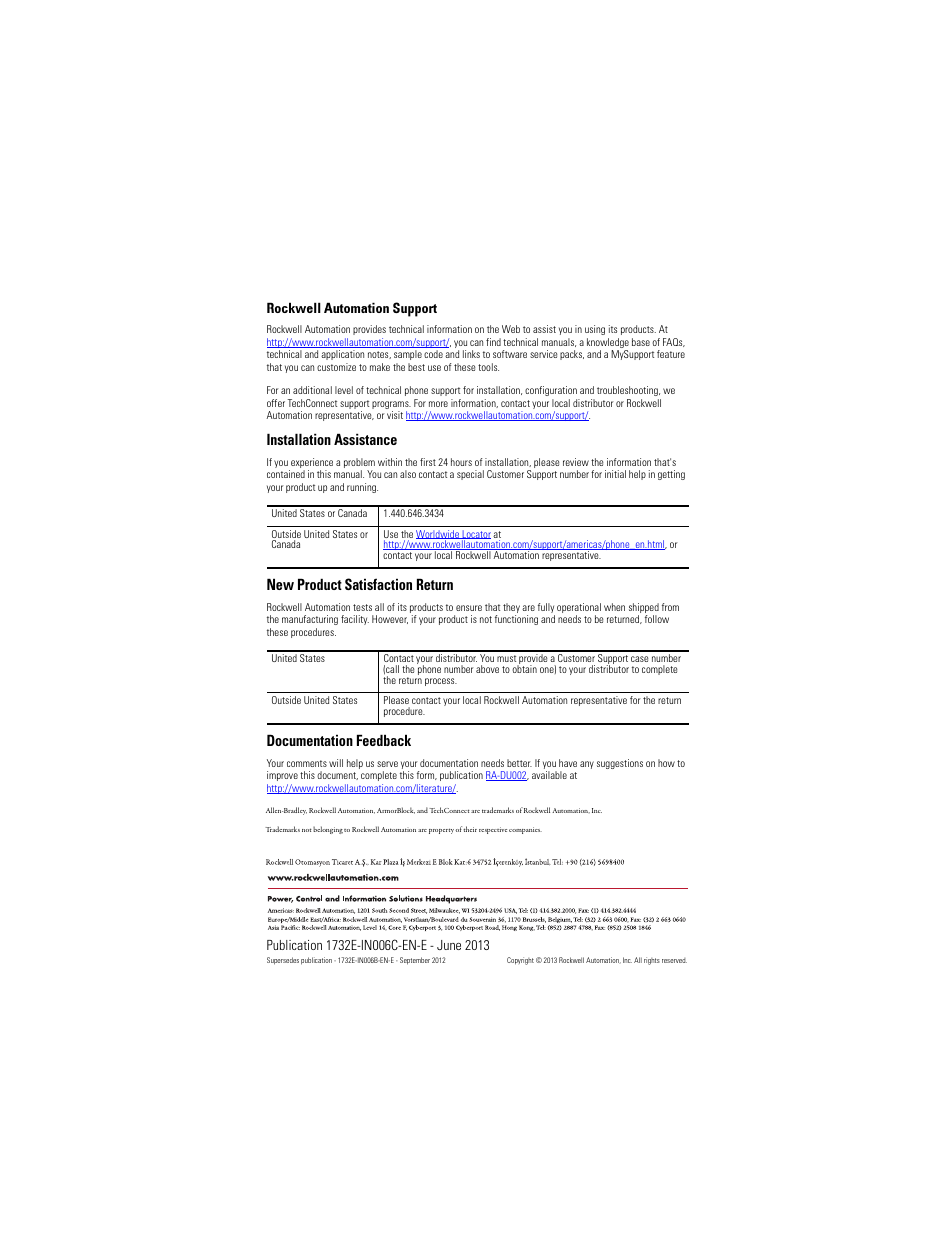 Back cover, Rockwell automation support, Installation assistance | New product satisfaction return, Documentation feedback | Rockwell Automation 1732E-OF4M12R ArmorBlock Dual-Port EtherNet/IP 4-Point Analog Input and Output User Manual | Page 24 / 24