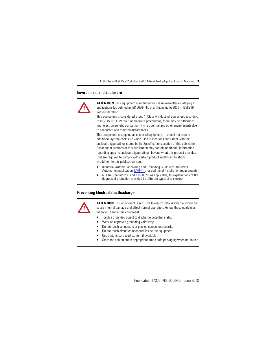 Environment and enclosure, Preventing electrostatic discharge | Rockwell Automation 1732E-OF4M12R ArmorBlock Dual-Port EtherNet/IP 4-Point Analog Input and Output User Manual | Page 3 / 24