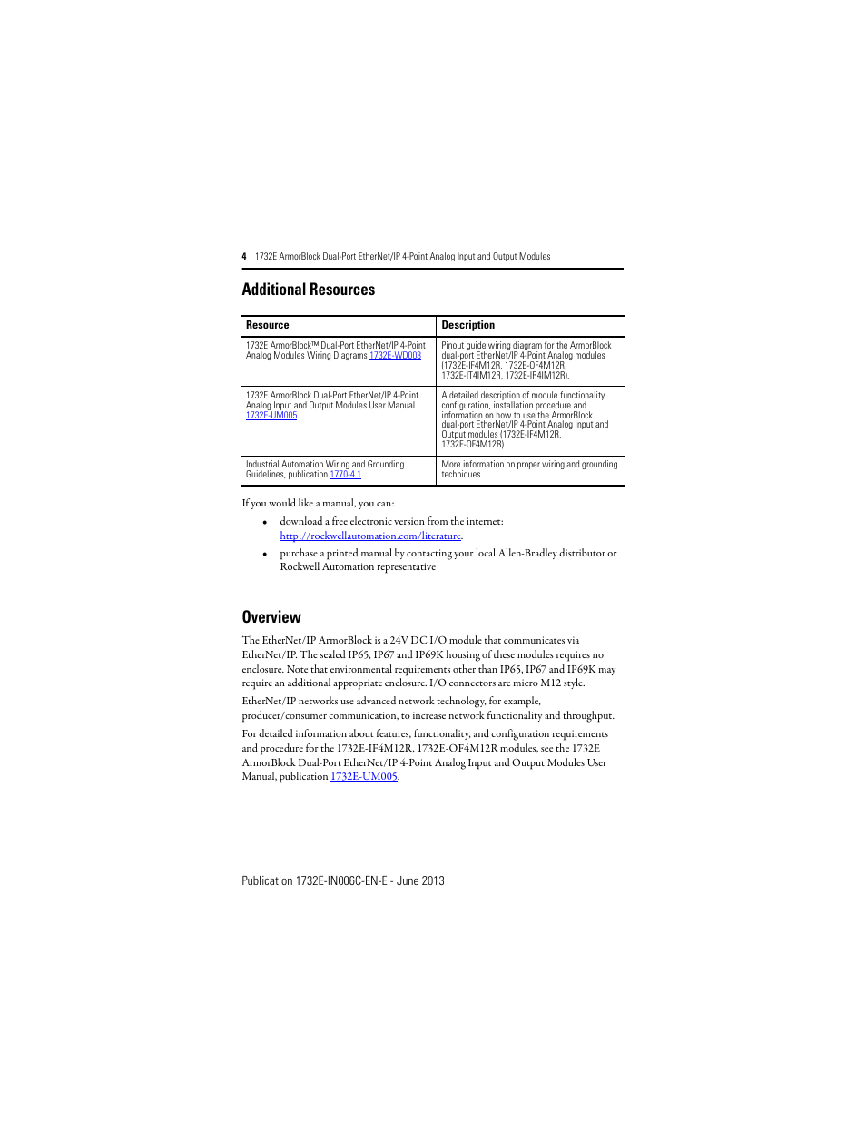 Additional resources, Overview | Rockwell Automation 1732E-OF4M12R ArmorBlock Dual-Port EtherNet/IP 4-Point Analog Input and Output User Manual | Page 4 / 24