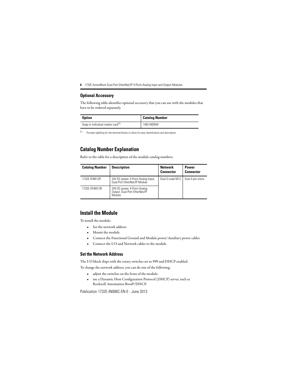 Optional accessory, Catalog number explanation, Install the module | Set the network address | Rockwell Automation 1732E-OF4M12R ArmorBlock Dual-Port EtherNet/IP 4-Point Analog Input and Output User Manual | Page 6 / 24