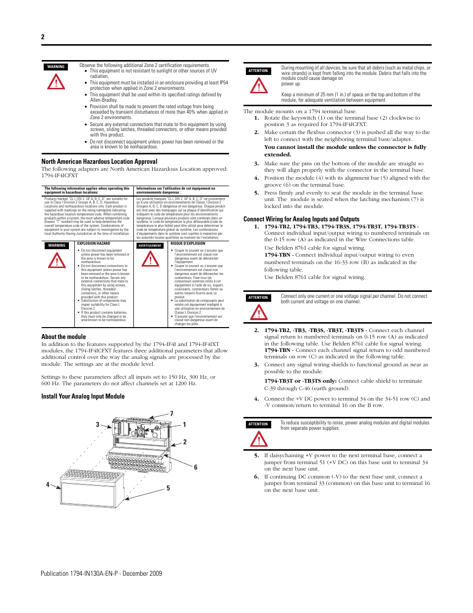 About the module, Install your analog input module, Connect wiring for analog inputs and outputs | Rockwell Automation 1794-IF4ICFXT FLEX I/O Isolated Input Analog Module User Manual | Page 2 / 6